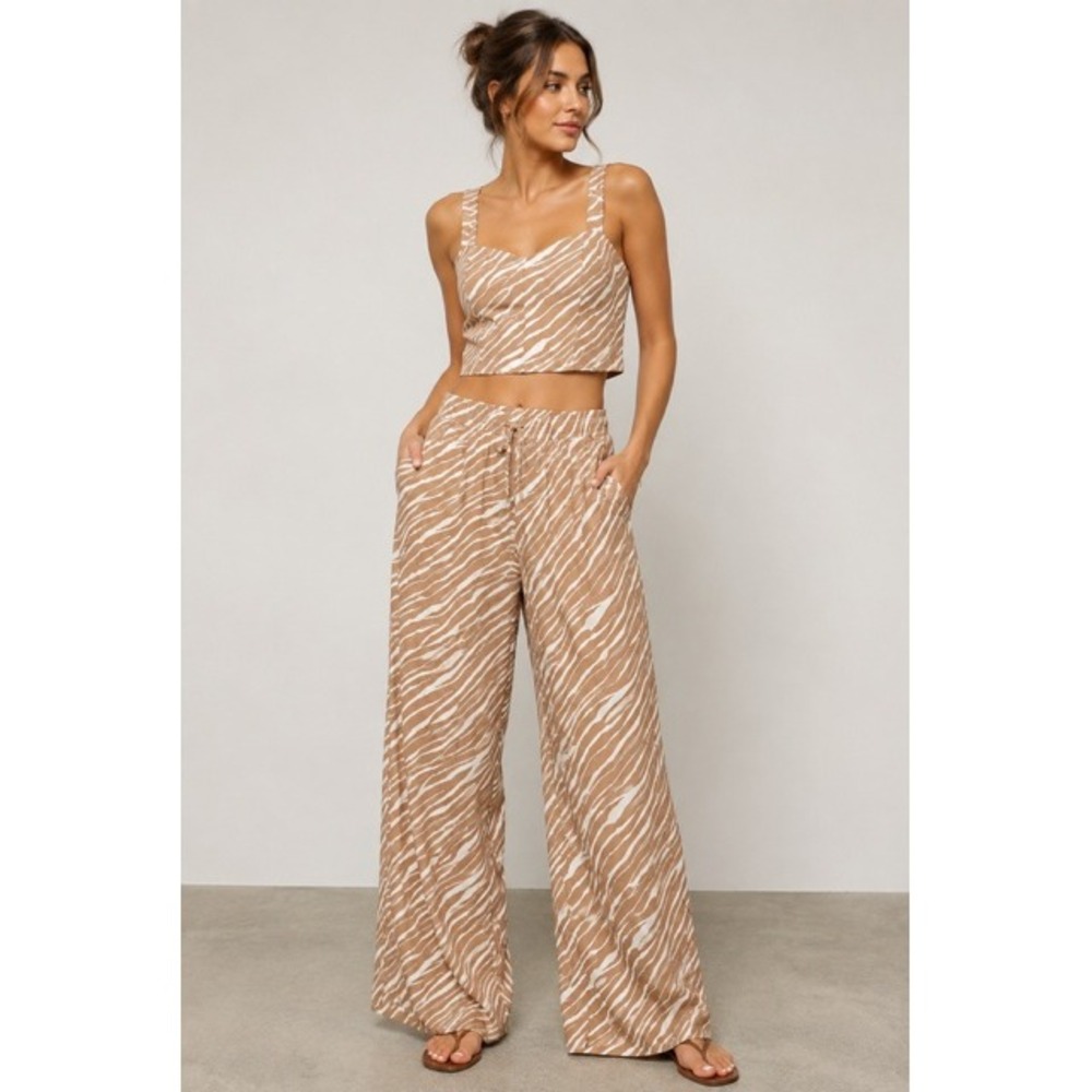 Zebra Print Linen Blend Two Piece Set Crop Top Wide Leg Pant Size Large